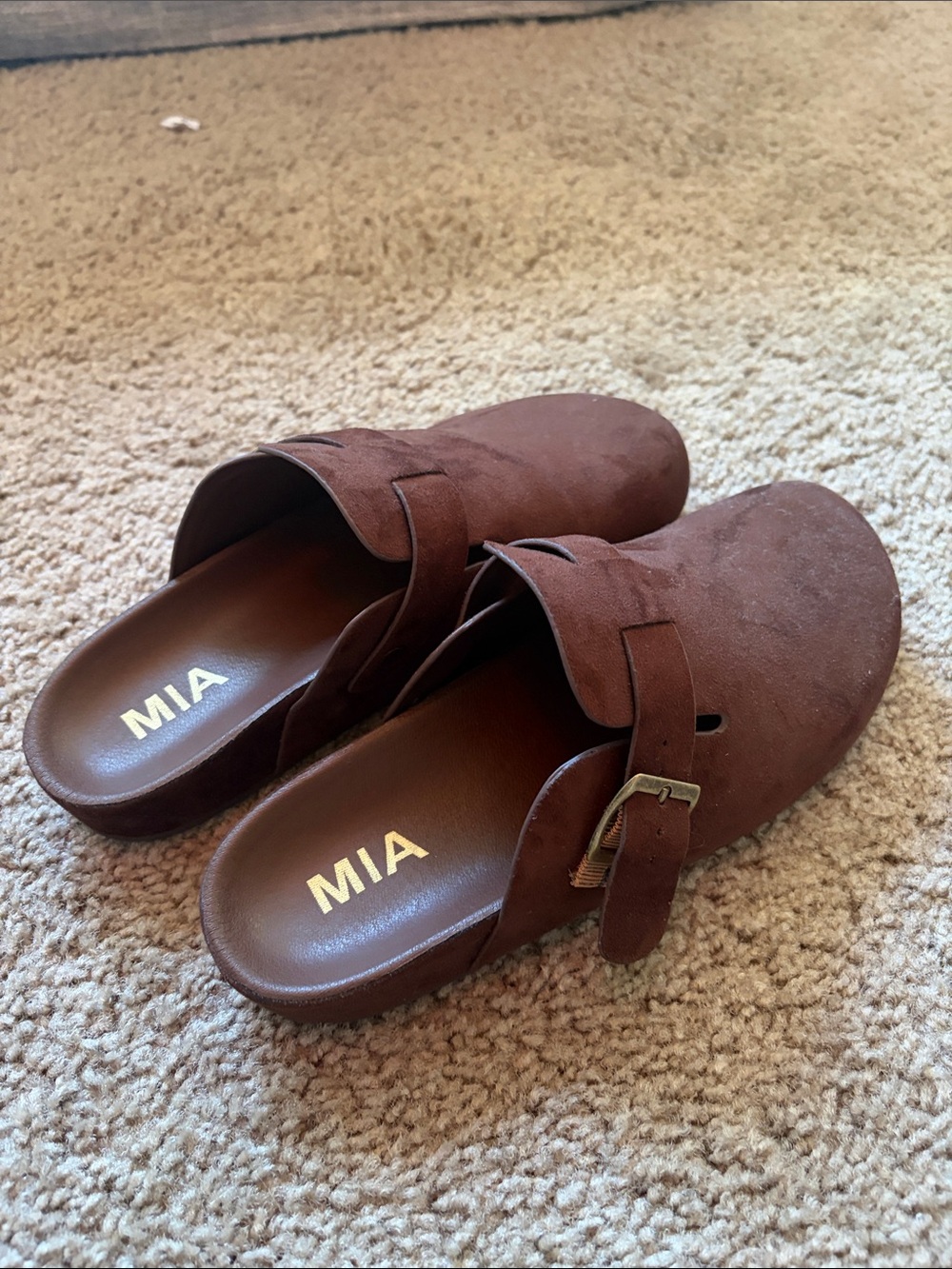 MIA Brown Suede Buckle Clog Mules